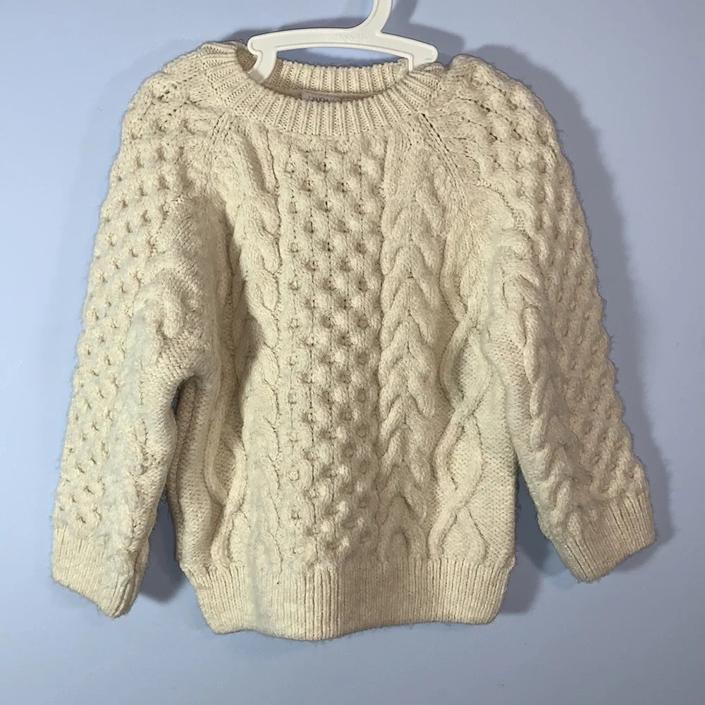 Zara kids cream white oversized chunky knit crewneck fisherman sweater size 4-5